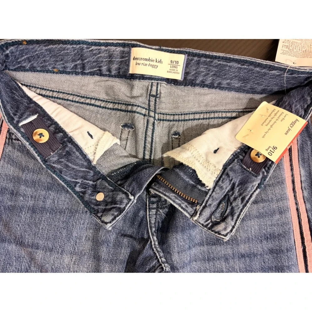 Abercrombie Kids Low Rise Baggy Jeans Blue Pink Side Stripe Bows 9/10 Long NWT